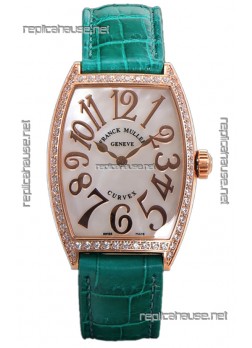 Franck Muller Cintree Curvex Mother of Pearl Dial Watch in Rose Gold Plating - Green Strap 