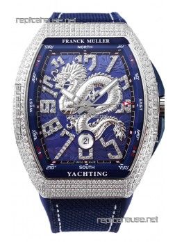 Franck Muller Vanguard Yachting Dragon V45 Blue Dial in Diamonds Bezel Swiss Replica