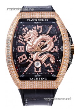 Franck Muller Vanguard Yachting Dragon V45 Black Dial in Gold Diamonds Bezel Swiss Replica