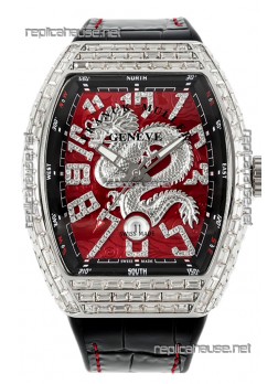 Franck Muller Vanguard Yachting Dragon V45 Red Dial in Square Diamonds Bezel Swiss Replica