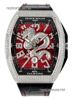 Franck Muller Vanguard Yachting Dragon V45 Red Dial in Rounded Diamonds Bezel Swiss Replica