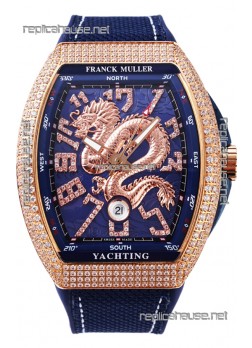Franck Muller Vanguard Yachting Dragon V45 Blue Dial in Gold Diamonds Bezel Swiss Replica