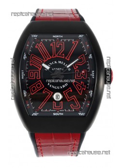 Franck Muller Vanguard in DLC Coated Casing Black Dial Swiss Replica Red Strap 
