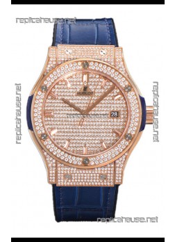 Hublot Classic Fusion Automatic Rose Gold Diamonds Paved Dial Blue Strap 42MM Superclone Replica Watch 