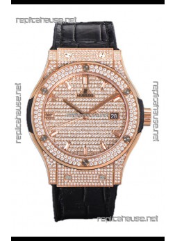 Hublot Classic Fusion Automatic Rose Gold Diamonds Paved Dial Grey Strap 42MM Superclone Replica Watch 