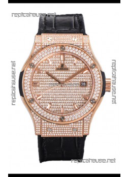 Hublot Classic Fusion Automatic Rose Gold Diamonds Paved Dial Black Strap 42MM Superclone Replica Watch 