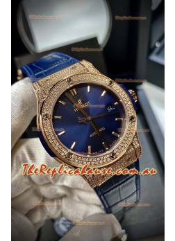 Hublot Classic Fusion Diamonds Rose Gold Steel Blue Dial Swiss Replica Watch 1:1 Mirror Quality
