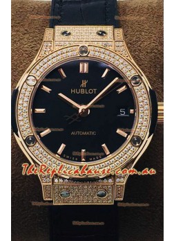 Hublot Classic Fusion Diamonds Rose Gold Black Dial 38MM Swiss Replica Watch 1:1 Mirror Quality
