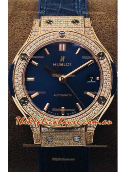 Hublot Classic Fusion Diamonds Rose Gold Blue Dial 38MM Swiss Replica Watch 1:1 Mirror Quality
