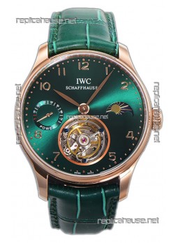 IWC Portugese Hand-Wound Genuine Tourbillon Green Dial Rose Gold Casing Swiss Replica Watch 