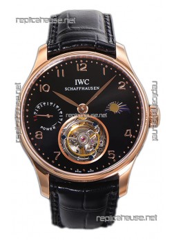 IWC Portugese Hand-Wound Genuine Tourbillon Black Dial Rose Gold Casing Swiss Replica Watch 