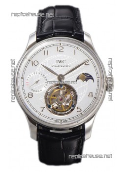 IWC Portugese Hand-Wound Genuine Tourbillon White Dial Steel Casing Swiss Replica Watch 