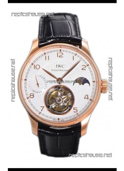 IWC Portugese Hand-Wound Genuine Tourbillon White Dial Rose Gold Casing Swiss Replica Watch 
