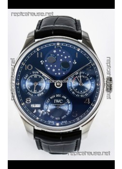 IWC Super Clone Portuguese Perpetual Calendar Stainless Steel Blue Dial Replica Watch 