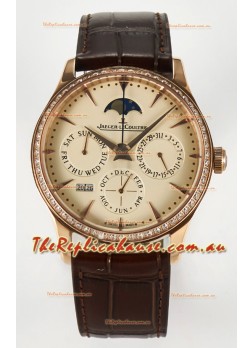 Jaeger LeCoultre Super Clone Master Ultra-Thin Perpetual Calendar Cream Dial Diamonds Bezel Watch