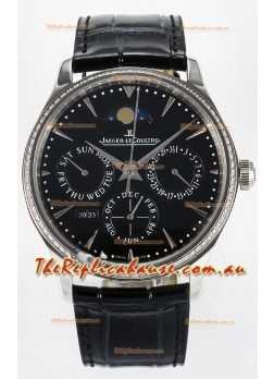 Jaeger LeCoultre Super Clone Master Ultra-Thin Perpetual Calendar Black Dial Diamonds Watch