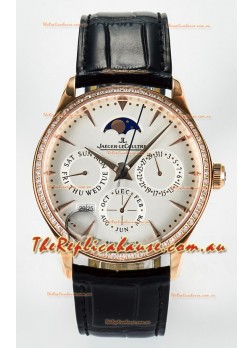 Jaeger LeCoultre Super Clone Master Ultra-Thin Perpetual Calendar White Dial Diamonds Bezel Watch