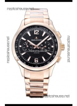 Jaeger LeCoultre Polaris Chronograph Rose Gold Casing Black Dial Swiss Replica Watch 