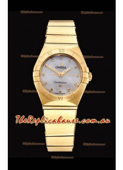 Omega Constellation Ladies Swiss Quartz 1:1 Mirror Replica - Yellow Gold Casing White Pearl Dial