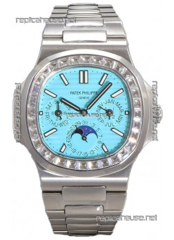 Patek Philippe Nautilus 5740 Perpetual Calendar White Gold Tiffany Dial Diamonds Bezel Swiss Replica Watch 