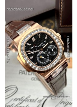 Patek Philippe Nautilus 5712R 1:1 Quality Swiss Replica Watch in Black Dial Brown Strap