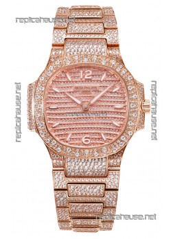 Patek Philippe Nautilus 7118R 35MM 1:1 Diamonds Paved Watch in Rose Gold Casing