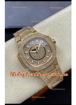 Patek Philippe Nautilus 7010 Diamonds Paved Yellow Gold 32MM 1:1 Mirror Replica - Genuine Diamonds