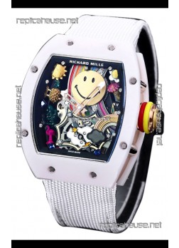 Richard Mille RM088 Smiley Tourbillon White Ceramic Casing Nylon Strap Replica Watch 