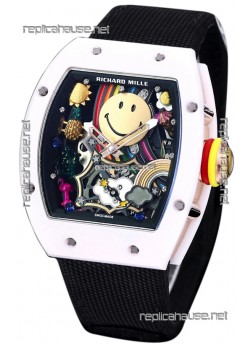 Richard Mille RM088 Smiley Tourbillon White Ceramic Casing Black Nylon Strap Replica Watch 