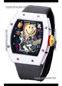 Richard Mille RM088 Smiley Tourbillon White Ceramic Casing Grey Nylon Strap Replica Watch 