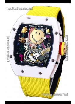 Richard Mille RM088 Smiley Tourbillon White Ceramic Casing Yellow Nylon Strap Replica Watch 
