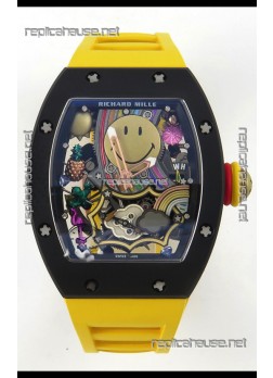 Richard Mille Super Clone RM088 Smiley Tourbillon Black Ceramic Rubber Strap Watch 