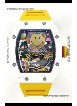 Richard Mille Super Clone RM088 Smiley Tourbillon White Ceramic Rubber Strap Watch 