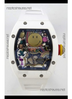 Richard Mille Super Clone RM088 Smiley Tourbillon White Ceramic Rubber Strap Watch 