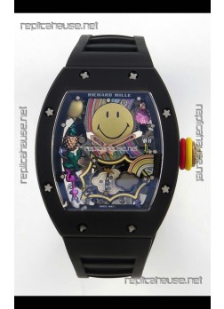 Richard Mille Super Clone RM088 Smiley Tourbillon Black Ceramic Rubber Strap Watch 