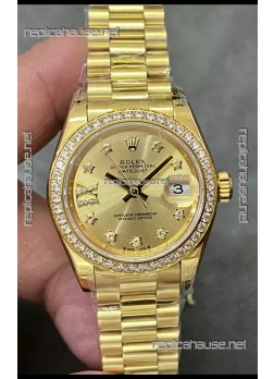 Rolex Datejust Super Clone Gold Dial Yellow Gold Casing Watch 28MM