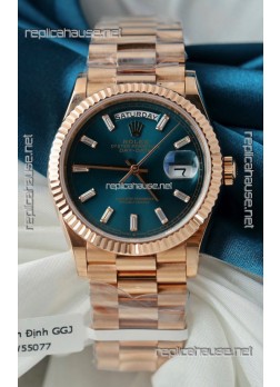 Rolex Day Date Super Clone Rose Gold Blue Dial Crystal Numerals Watch 36MM - 1:1 Mirror Quality