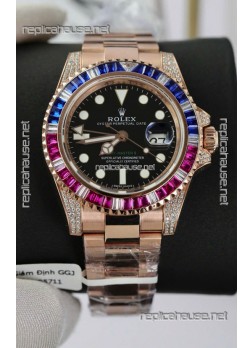 Rolex GMT Masters Super Clone Diamonds Swiss watch with Rose Gold 904L Case - 1:1 Mirror Quality