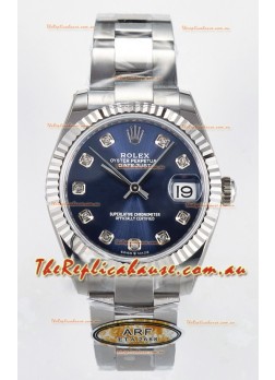 Rolex Super Clone Datejust ETA 2688 Movement 31MM Stainless Steel Blue Diamonds Dial Watch 