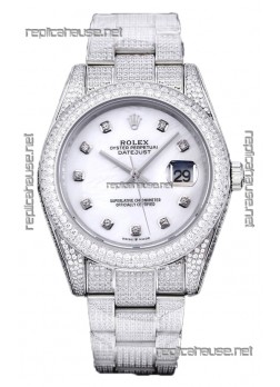 Rolex Datejust 41MM Swiss Replica - Iced Out Edition in White Pearl Dial