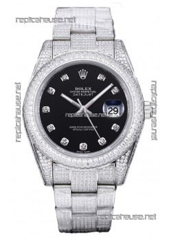 Rolex Datejust 41MM Swiss Replica - Iced Out Edition in Black Dial 