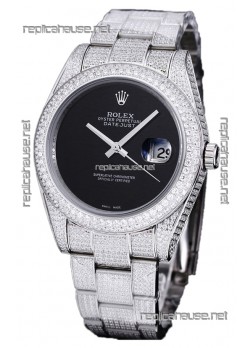 Rolex Datejust 41MM Swiss Replica - Iced Out Edition in Black Dial 