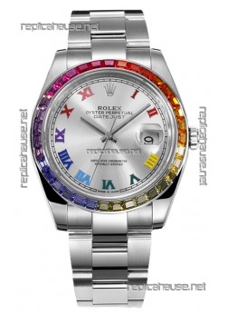 Rolex Datejust 41MM Swiss Replica Watch - 904L Steel in Rainbow Bezel 