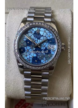 Rolex Datejust Ladies 31MM Cal.3135 Movement Swiss Replica Blue Motif Diamonds Bezel in 904L Steel Casing