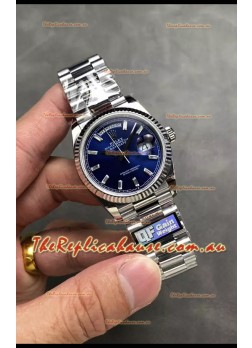 Rolex Day Date Super Clone Stainless Steel Blue Dial Crystal Numerals Watch 36MM - 1:1 Mirror Quality