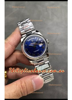 Rolex Day Date Super Clone Stainless Steel Blue Dial Small Roman Numerals Watch 36MM - 1:1 Mirror Quality