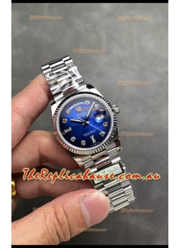 Rolex Day Date Super Clone Stainless Steel Blue Dial Diamonds Numerals Watch 36MM - 1:1 Mirror Quality