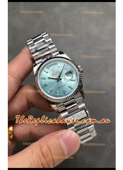 Rolex Day Date Super Clone Stainless Steel Ice Blue Dial Crystal Numerals Watch 36MM - 1:1 Mirror Quality