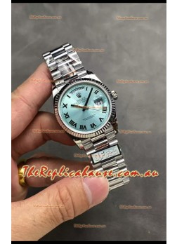 Rolex Day Date Super Clone Stainless Steel Ice Blue Dial Roman Numerals Watch 36MM - 1:1 Mirror Quality