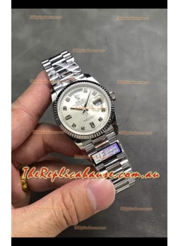 Rolex Day Date Super Clone Stainless Steel Silver Dial Diamonds Numerals Watch 36MM - 1:1 Mirror Quality